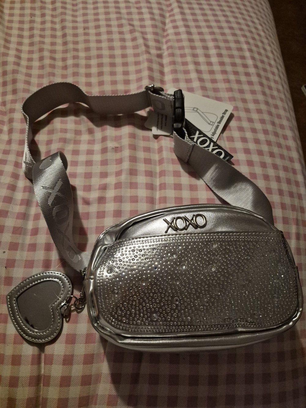 XOXO Silver Rhinestone Crossbody Bag with Heart Charm